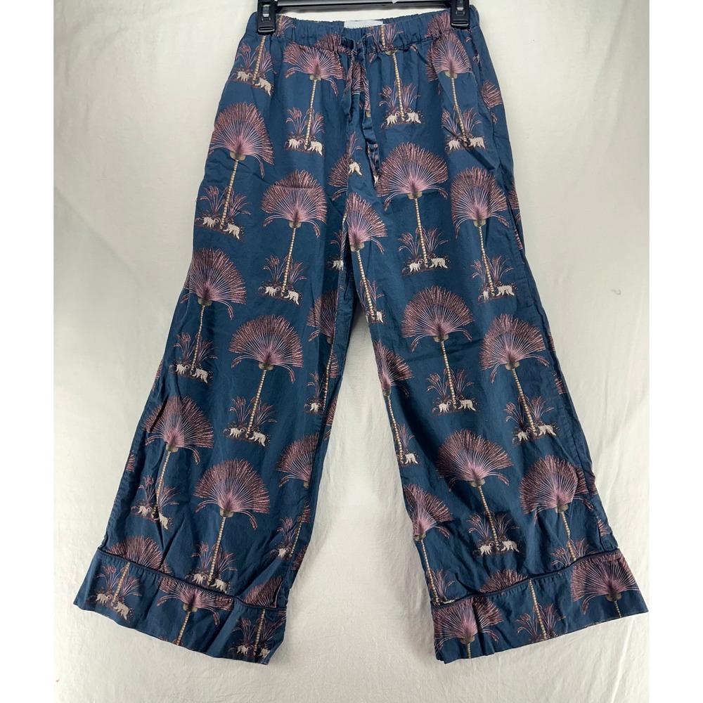 Desmond & Dempsey Blue Pink Palm Tiger Print Pajama Pants Cotton Wide Leg Small